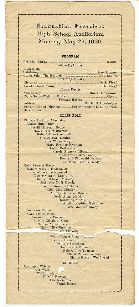Program for graduation ceremonies, 1929