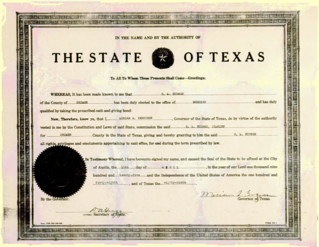 Robert M. Hudson certificate from Ma Ferguson upon becoming sheriff of Grimes County in 1925