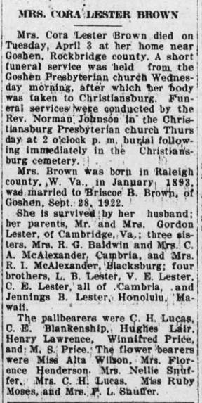 Obituary for Cora Lester Brown - 