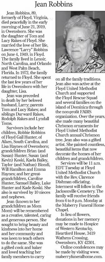 Obituary for Jean Robbins (Aged 89) - 