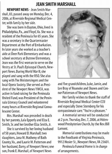 Obituary for Jean Smith Marshall (Aged 83) - 