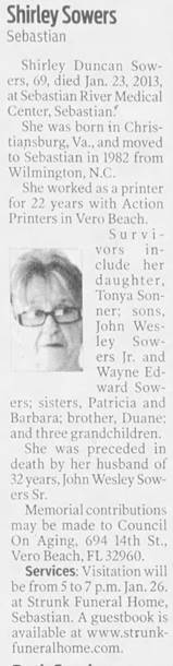 Obituary for Shirley Sowers - 
