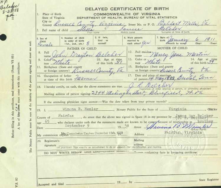 Birth Certificate of Stella Louis Belcher